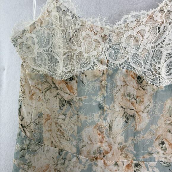 Vici x Fate Exclusive Sz L Dusty Blue Pink Peach Flowers Floral Lace Maxi Dress - Picture 6 of 11
